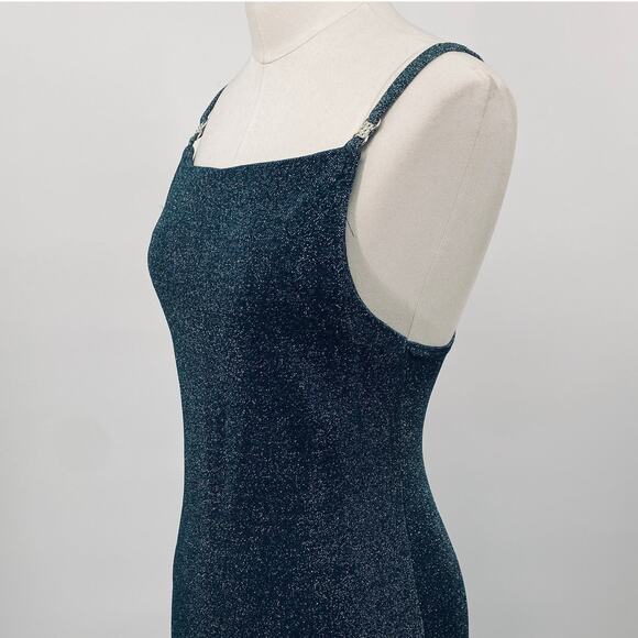 Vintage 90s All That Jazz Sparkle Maxi Dress Gown Slinky Low Back Metallic Teal - Picture 6 of 10
